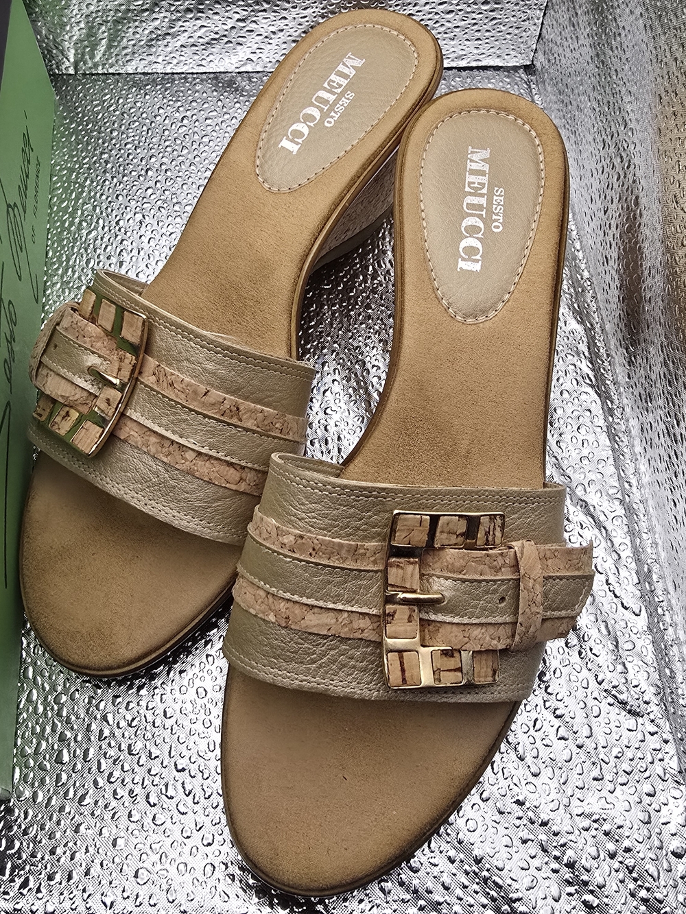 Sesto Meucci Tan Cork-Trim Slide Mules